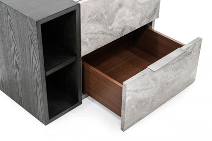 Grey Faux Marble Two Drawer Nightstand – Contemporary Bedroom Storage