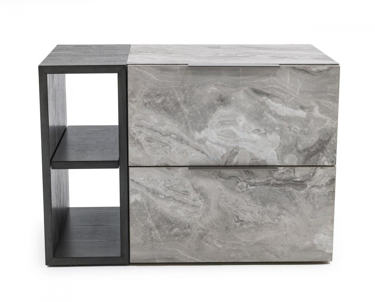Grey Faux Marble Two Drawer Nightstand – Contemporary Bedroom Storage