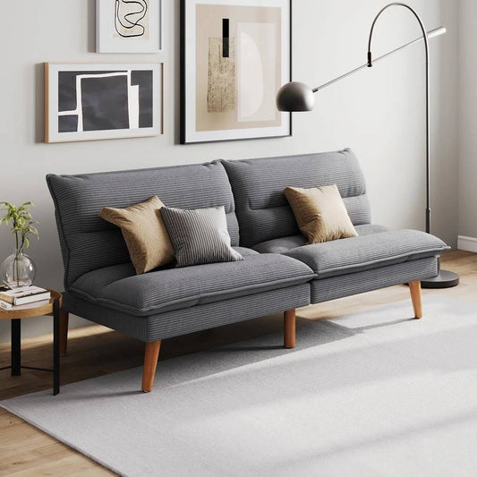 Modern Grey Corduroy Fabric Futon Sleeper Sofa Bed Couch with Wood Legs