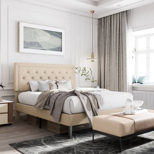 Queen Size Adjustable Platform Bed with Beige Upholstered Headboard